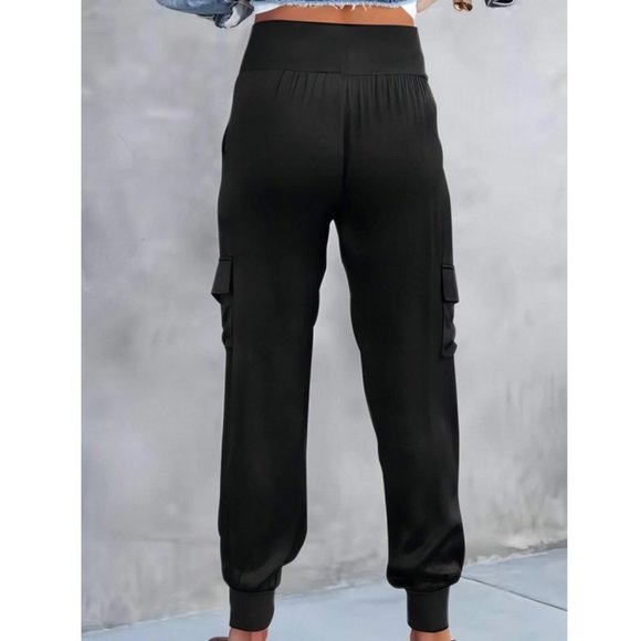 Luxe Look Satin Pocketed High Waist Joggers - Black - Picture 9 of 12